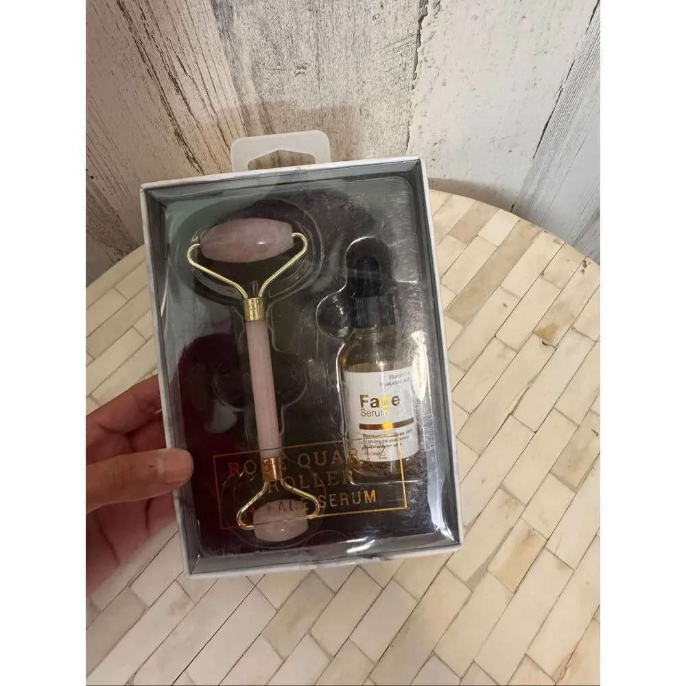 Revive Rose Quartz Roller & Vitamin C Face Serum Dual Roller Skincare Set with H